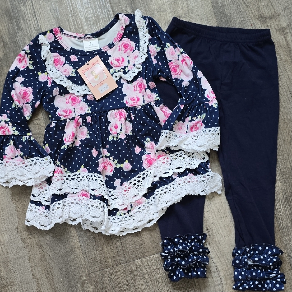 NWT! Pink Floral and White Polka Dot Outfit with Lace Trim - Navy Pants - 2T